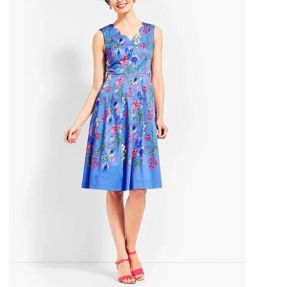TALBOTS 6P Dress Floral Scalloped Neckline Blue Fit and Flare - Picture 1 of 15